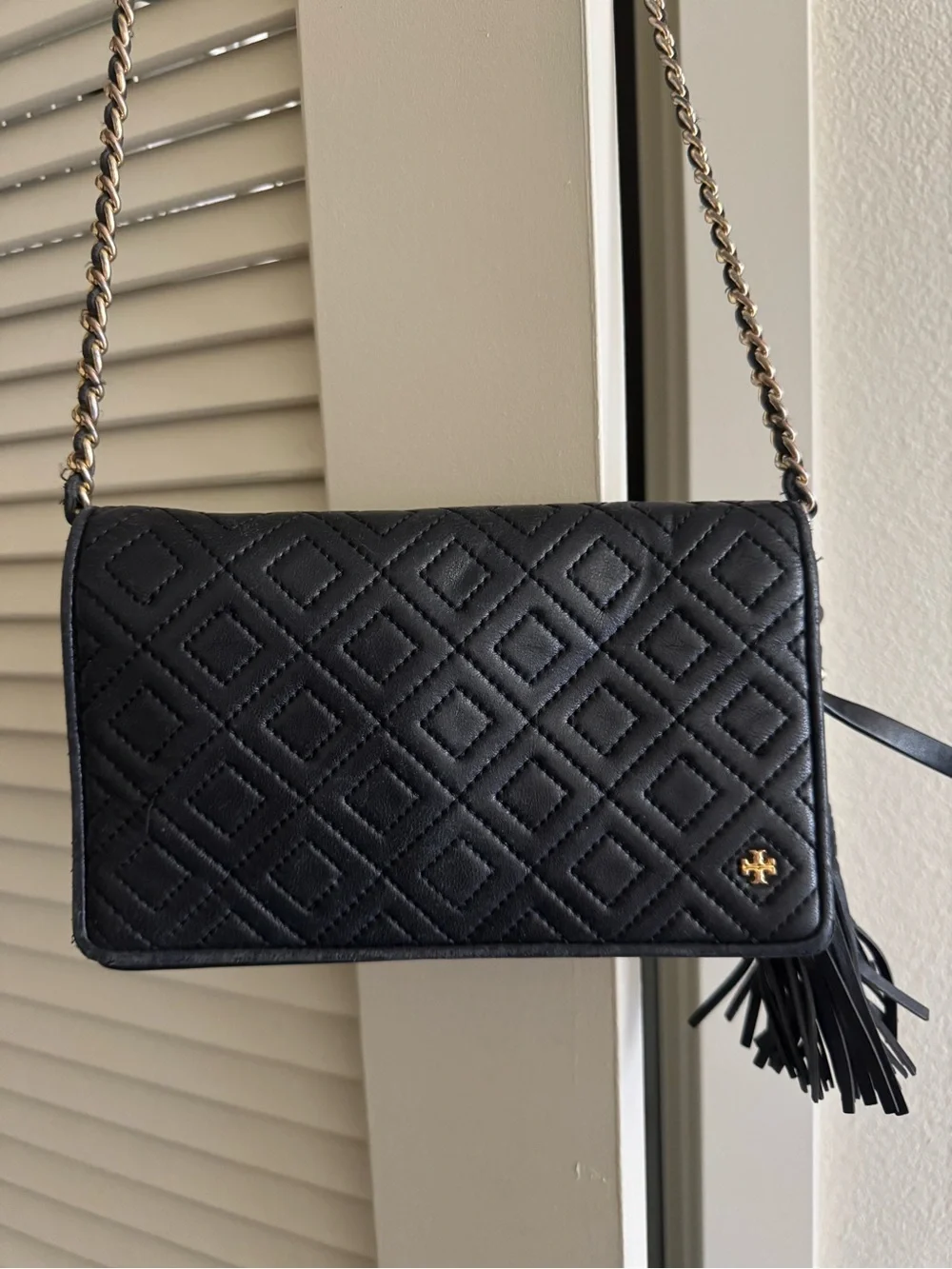 Tory Burch Fleming Black Quilted Leather Crossbody with Tassel and Gold Logo